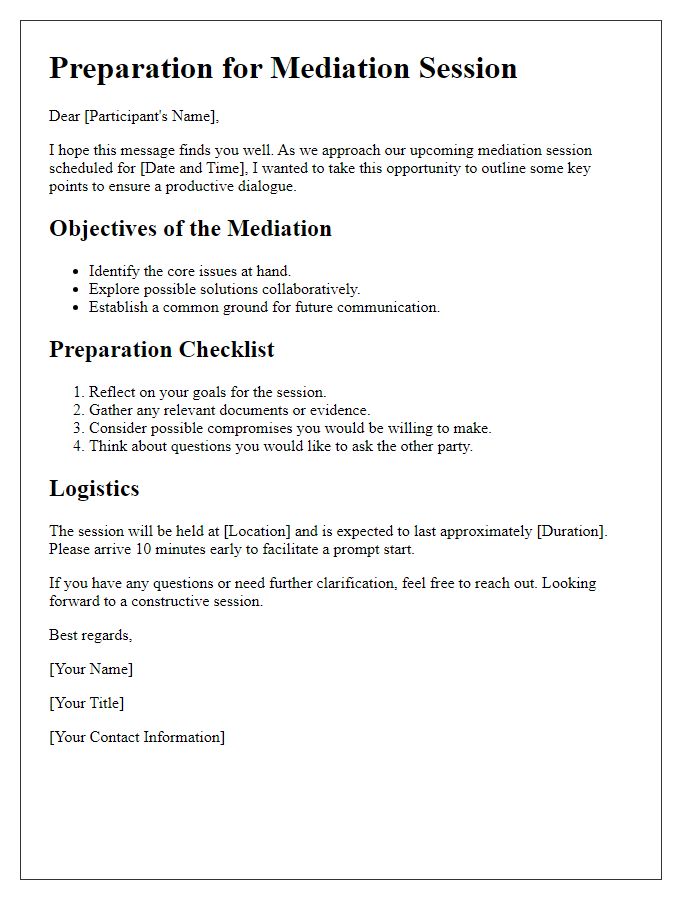 Letter template of preparing for a successful mediation session.