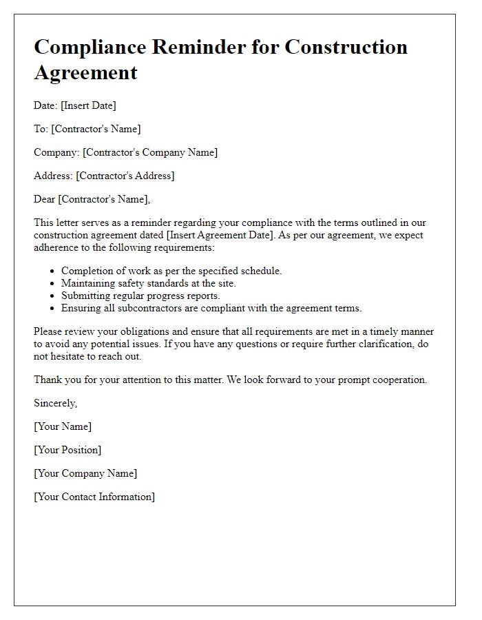 Letter template of construction agreement compliance reminder