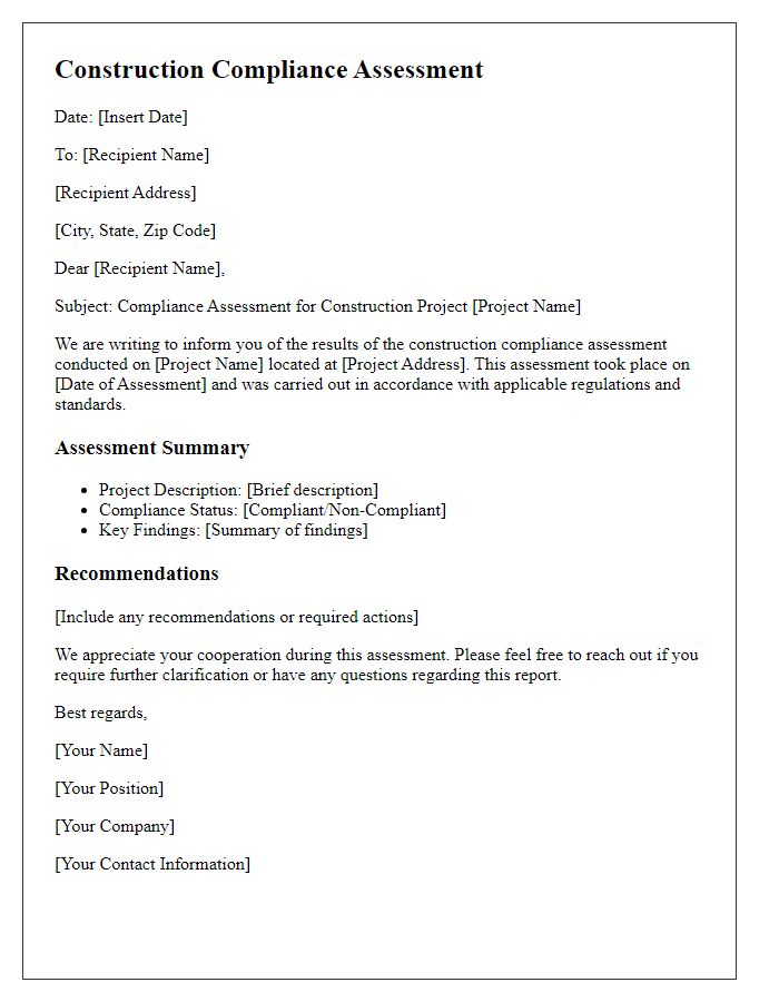 Letter template of construction compliance assessment document