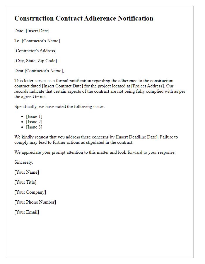 Letter template of construction contract adherence notification