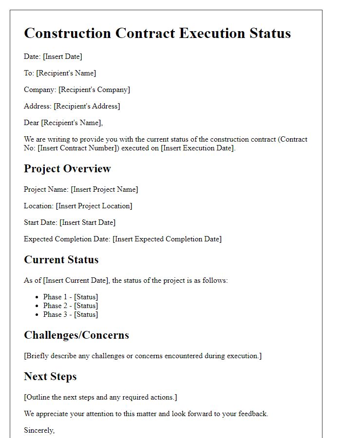 Letter template of construction contract execution status