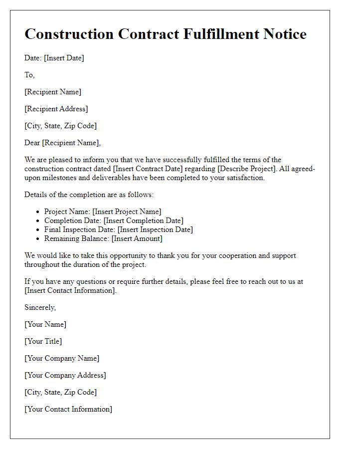 Letter template of construction contract fulfillment notice