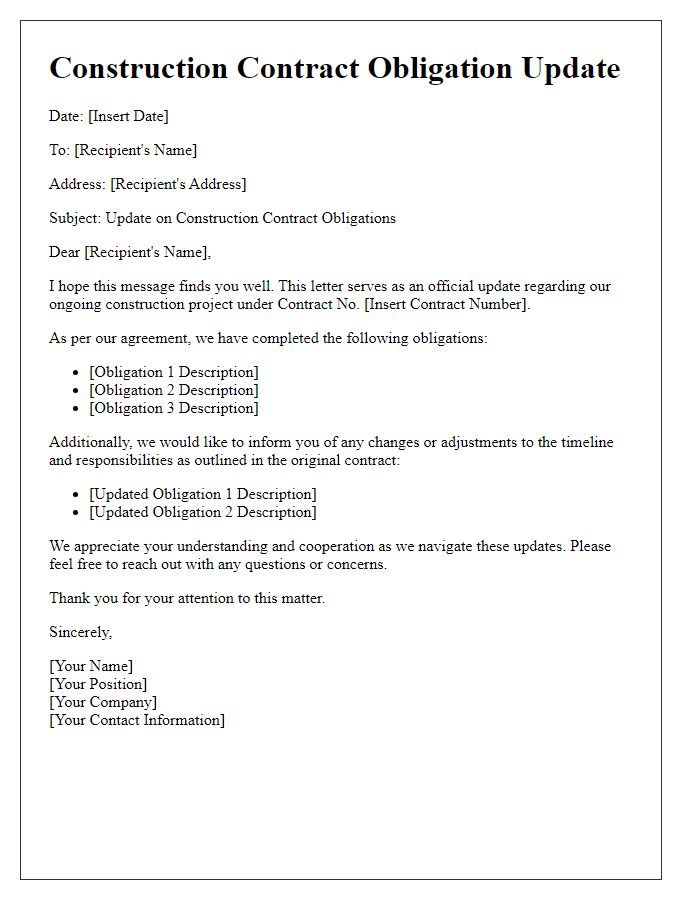 Letter template of construction contract obligation update