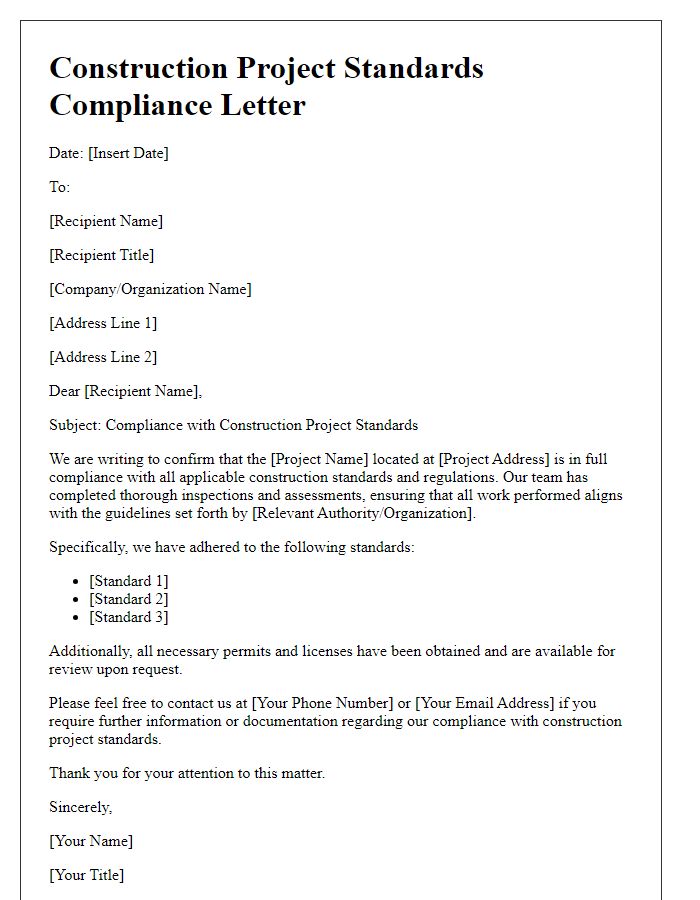 Letter template of construction project standards compliance