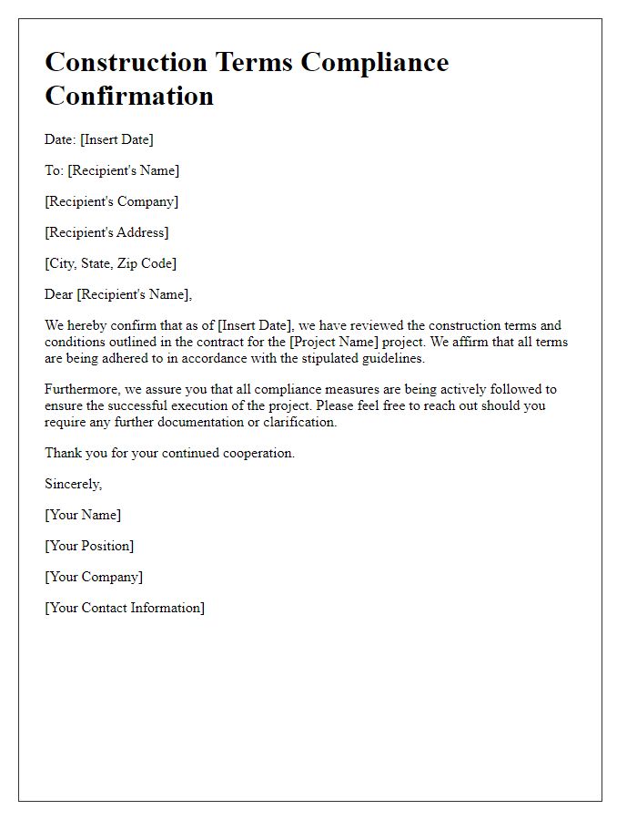 Letter template of construction terms compliance confirmation