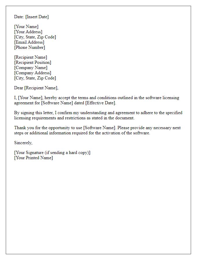 Letter template of software licensing agreement acceptance