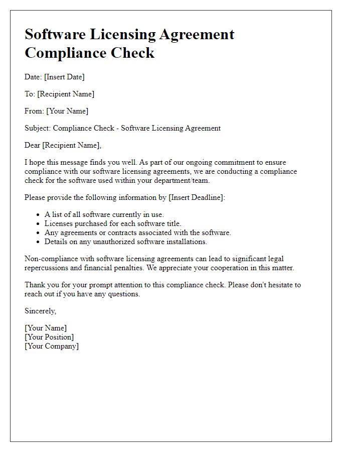 Letter template of software licensing agreement compliance check