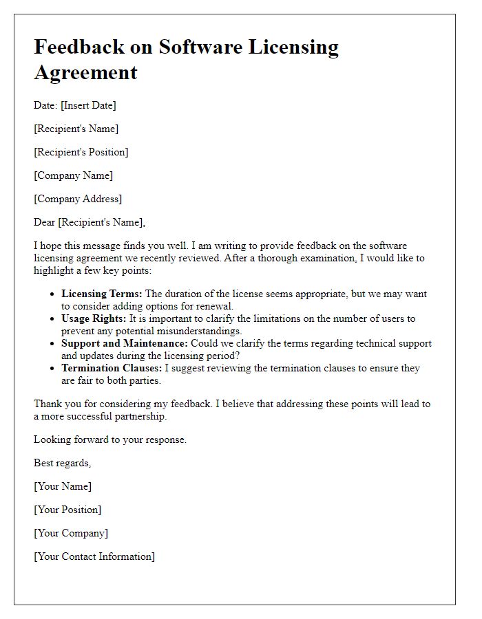 Letter template of software licensing agreement feedback