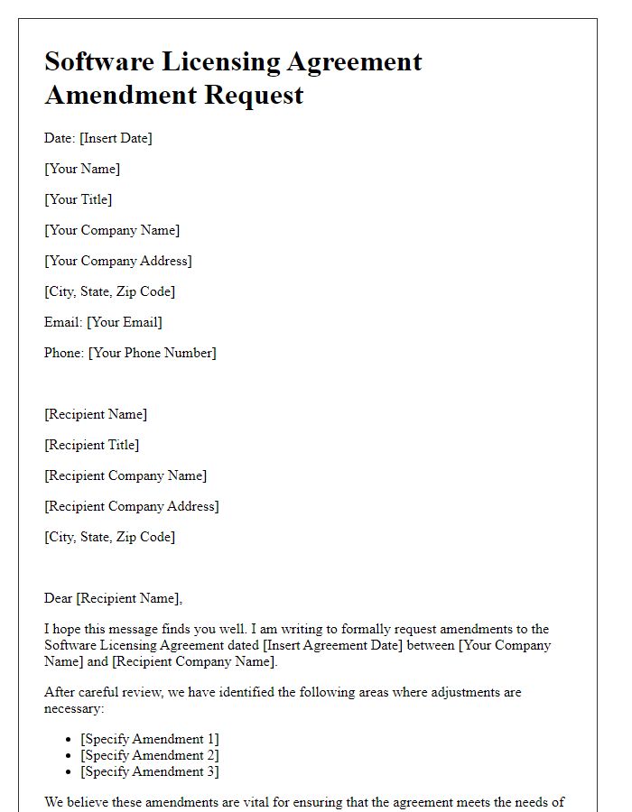 Letter template of software licensing agreement request for amendments