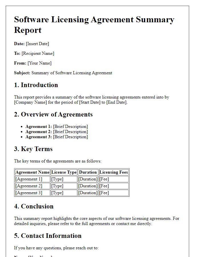 Letter template of software licensing agreement summary report