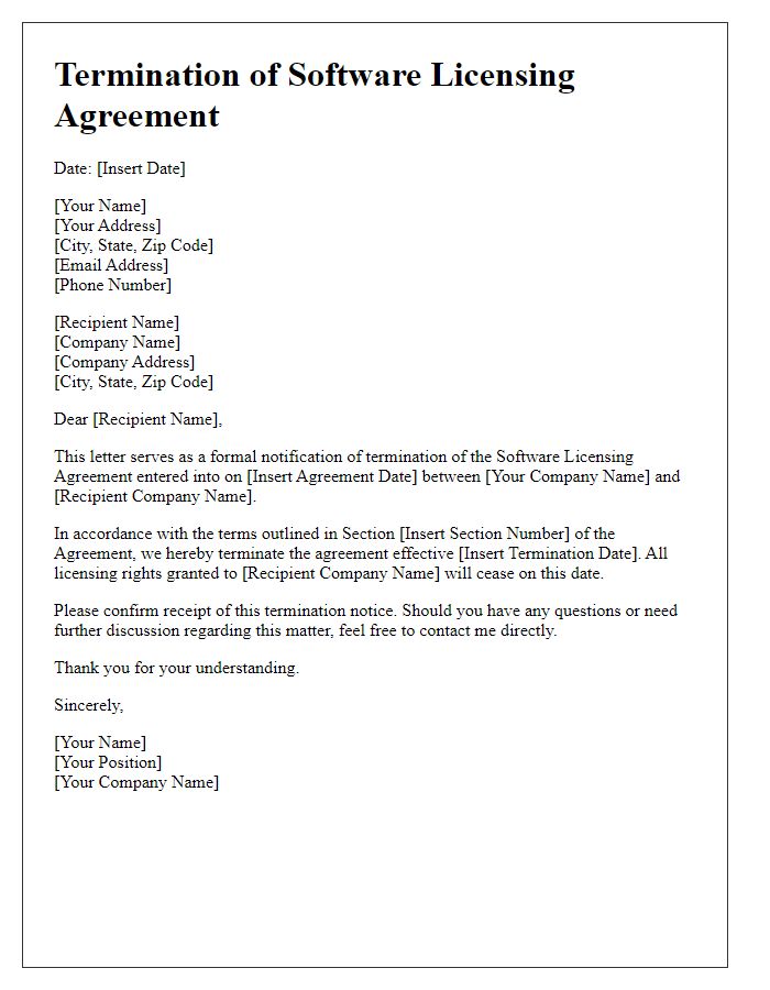 Letter template of software licensing agreement termination