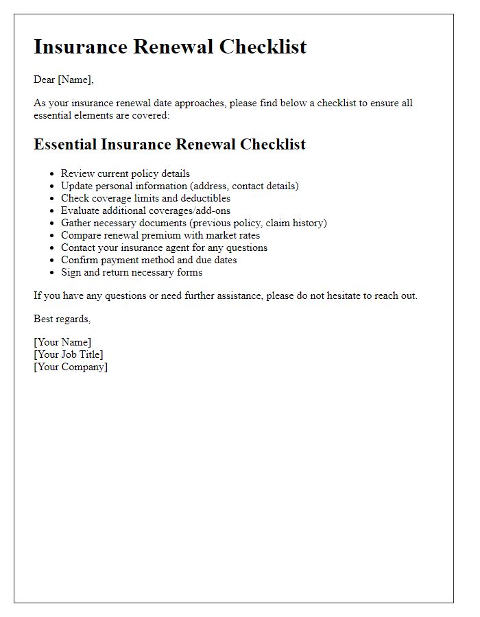 Letter template of essential insurance renewal checklist.