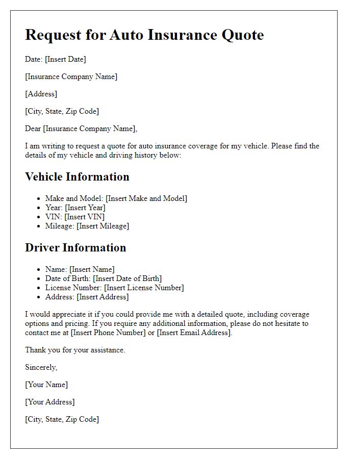 Letter template of insurance quote request for auto insurance