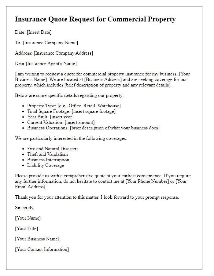 Letter template of insurance quote request for commercial property insurance