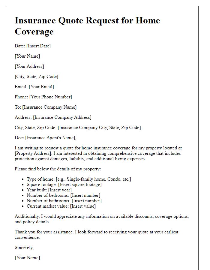 Letter template of insurance quote request for home coverage