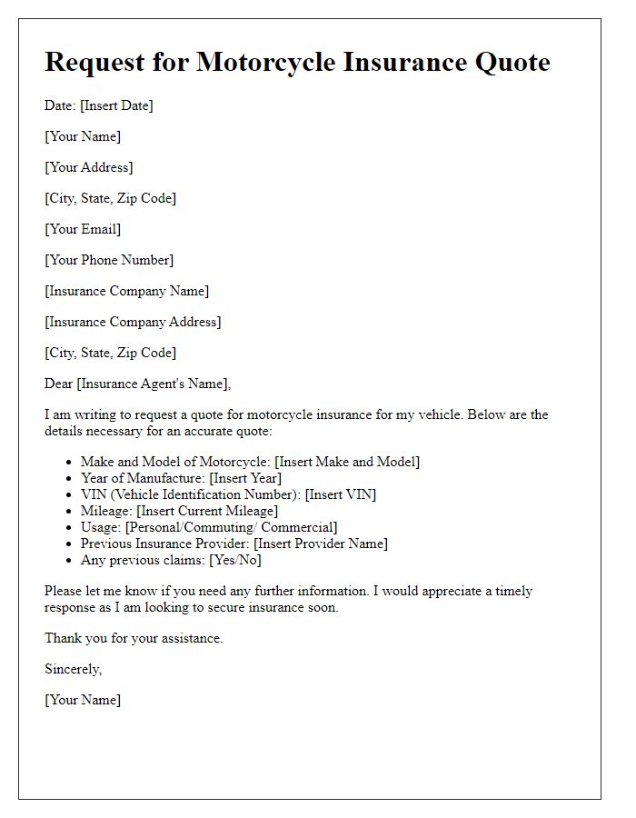 Letter template of insurance quote request for motorcycle insurance