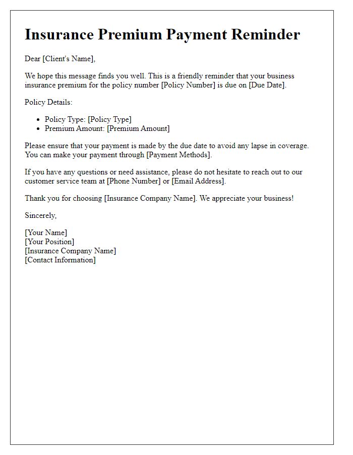 Letter template of Insurance Premium Payment Reminder for Business Insurance