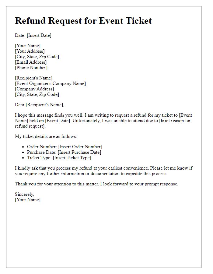 Letter template of refund request for event ticket refund