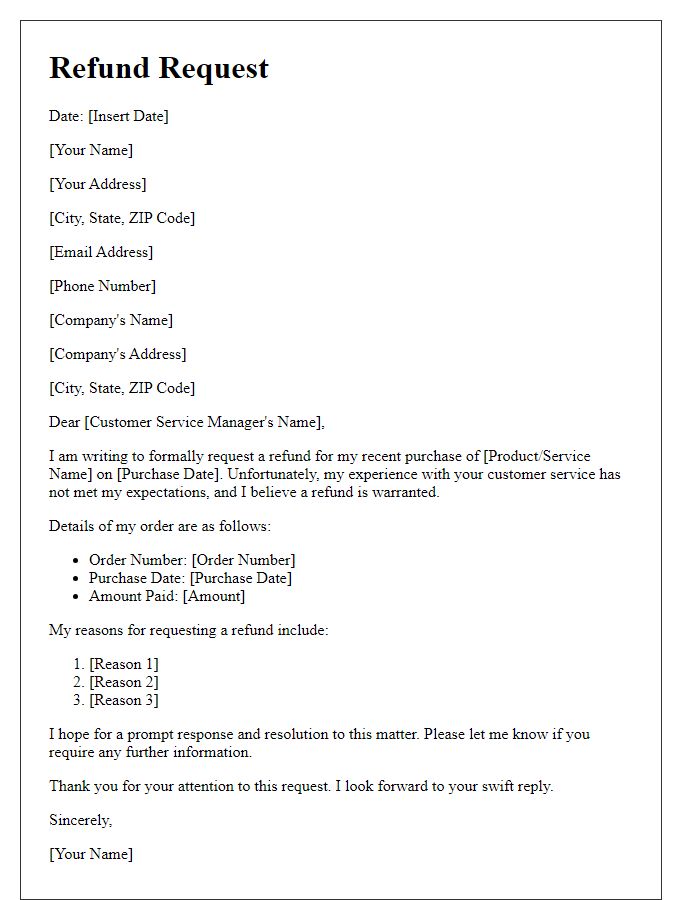 Letter template of refund request for poor customer service