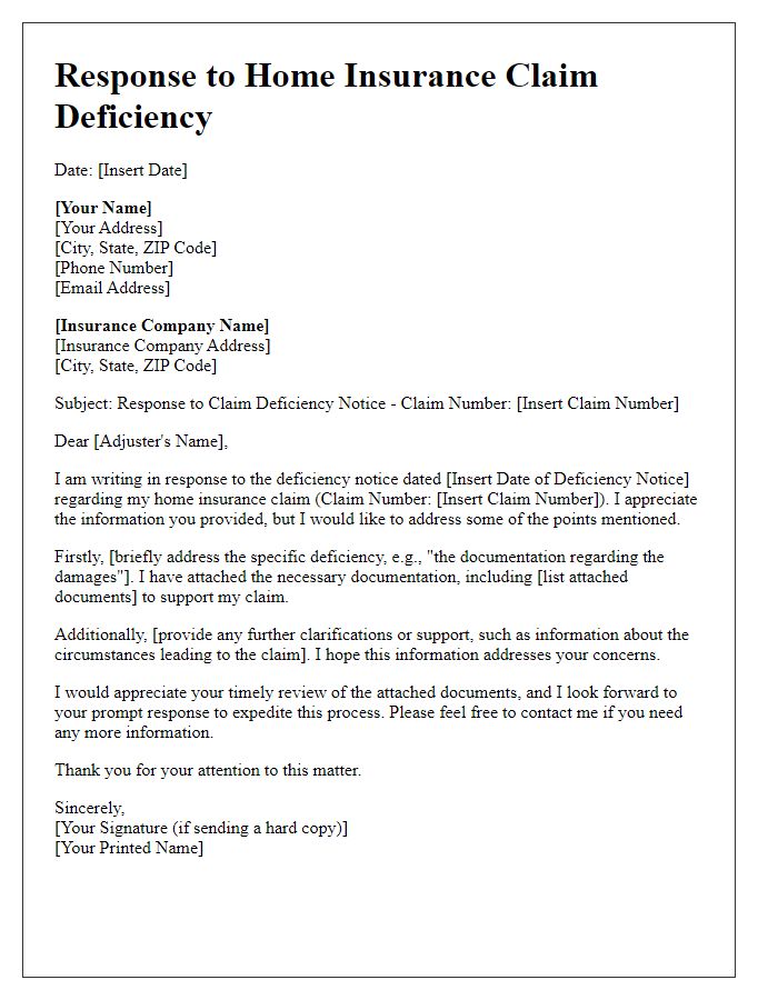 Letter template of home insurance claim deficiency response