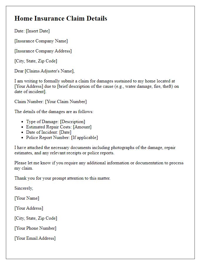 Letter template of home insurance claim details