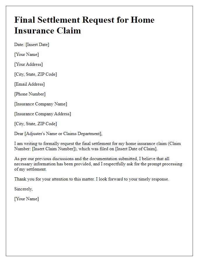 Letter template of home insurance claim final settlement request