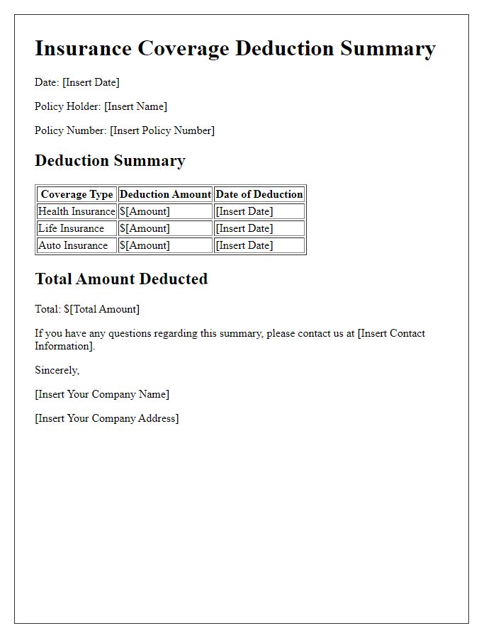 Letter template of insurance coverage deduction summary