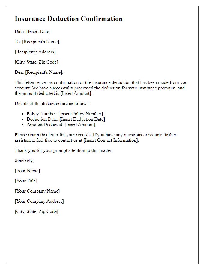 Letter template of insurance deduction confirmation for records