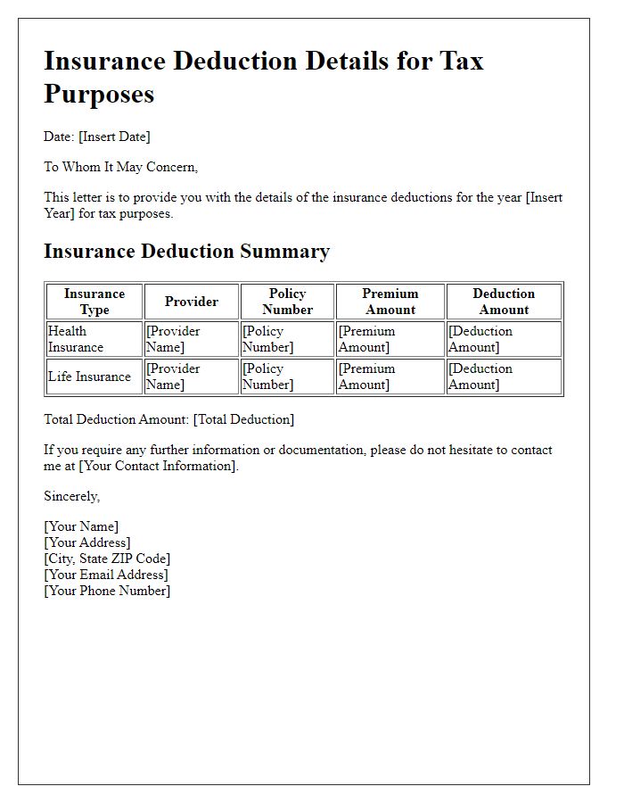 Letter template of insurance deduction details for tax purposes