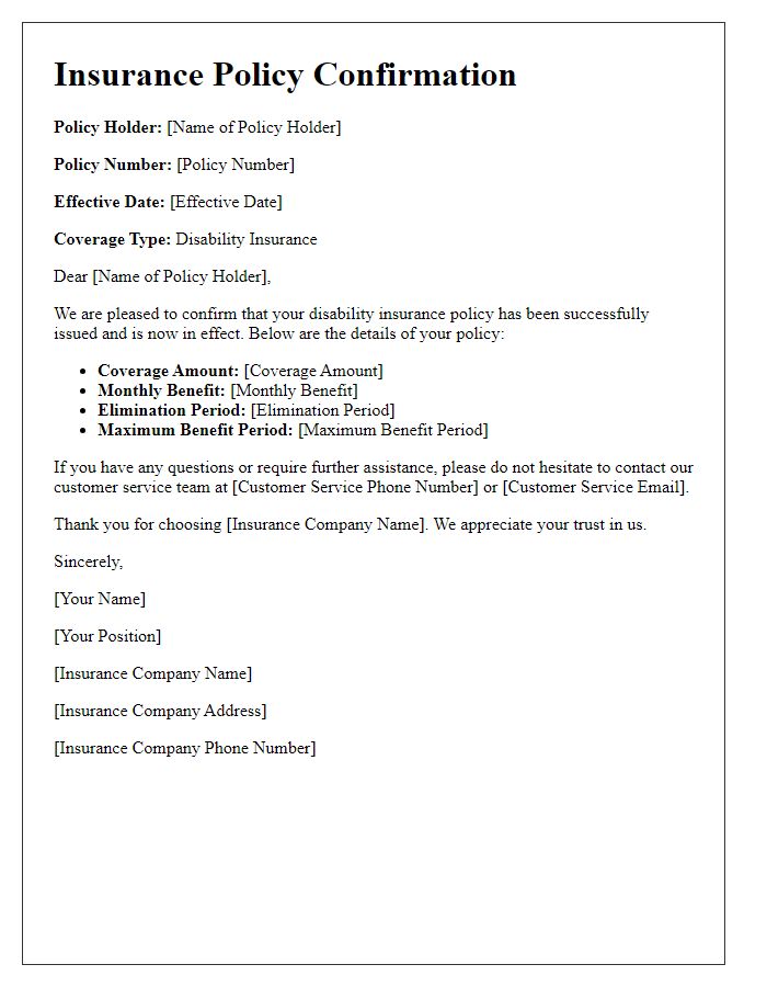 Letter template of insurance policy confirmation for disability insurance.