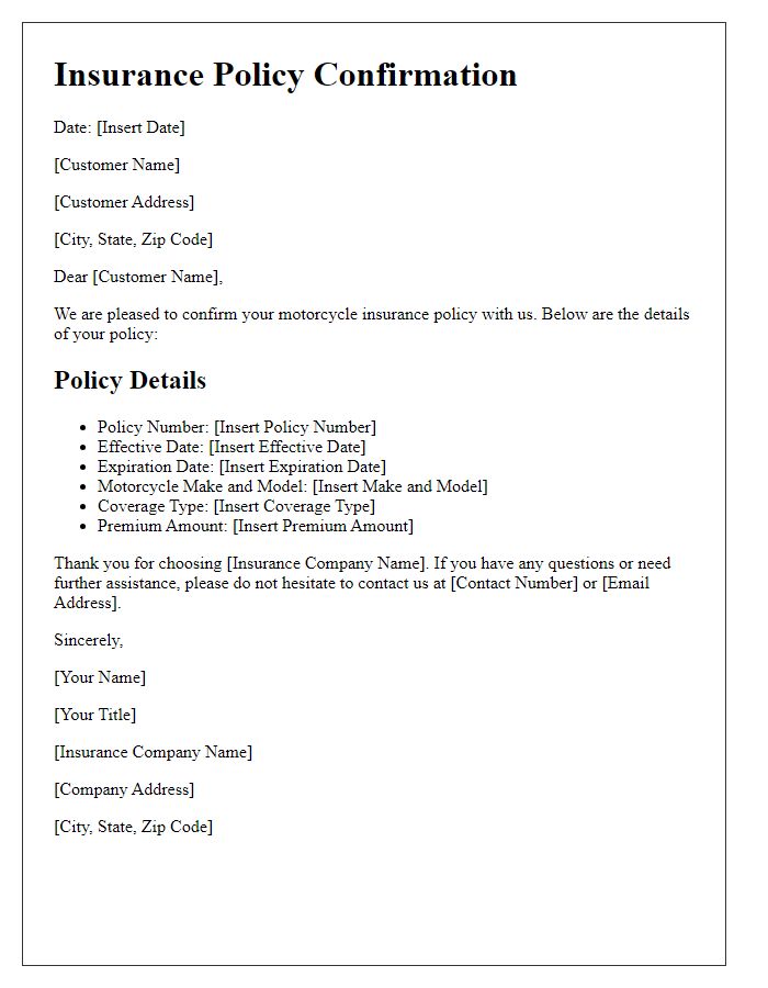 Letter template of insurance policy confirmation for motorcycle insurance.