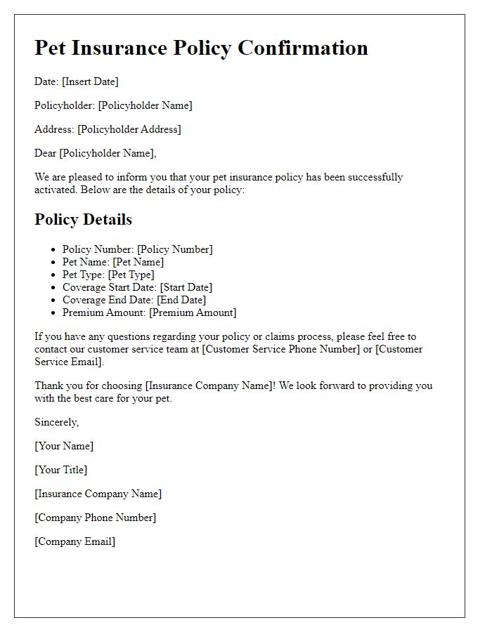 Letter template of insurance policy confirmation for pet insurance.