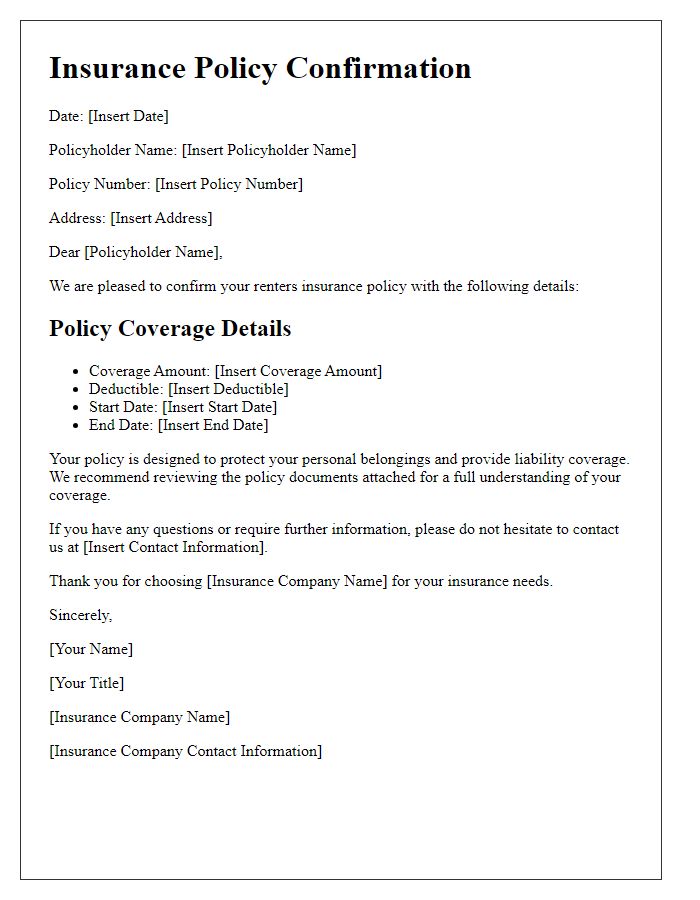 Letter template of insurance policy confirmation for renters insurance.