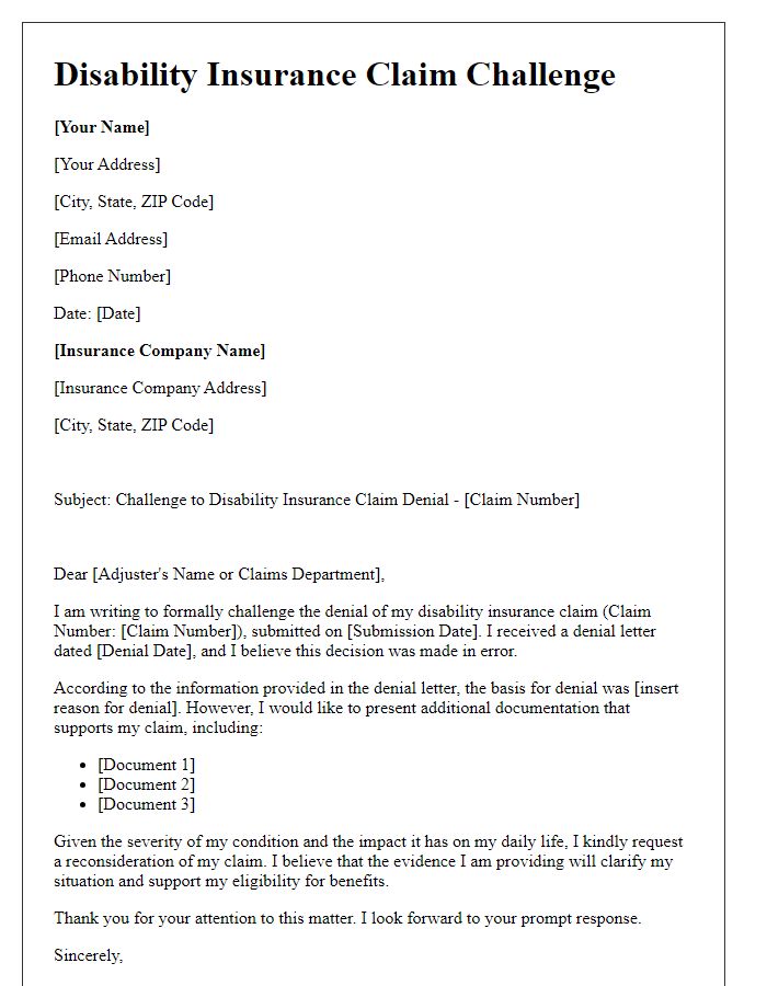 Letter template of disability insurance claim challenge