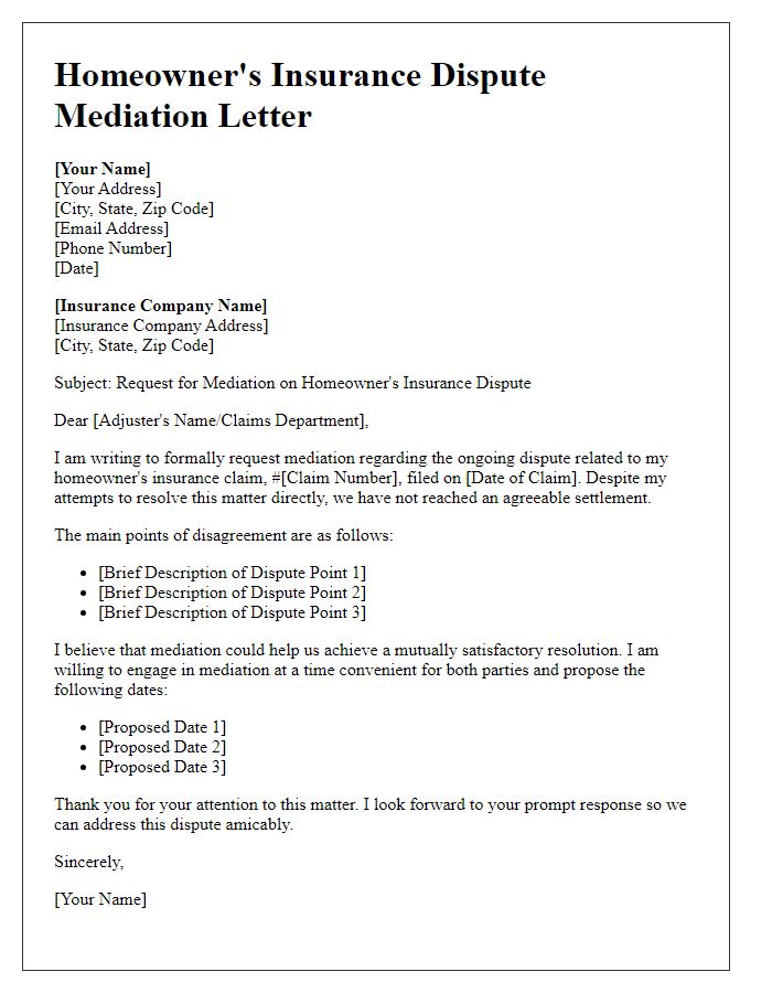 Letter template of homeowners insurance dispute mediation