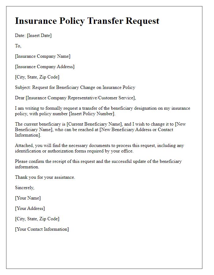 Letter template of insurance policy transfer request for beneficiary change