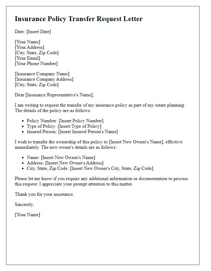 Letter template of insurance policy transfer request for estate planning