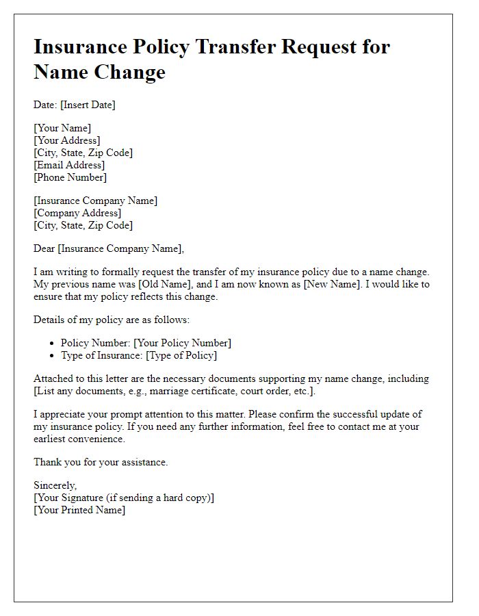 Letter template of insurance policy transfer request for name change