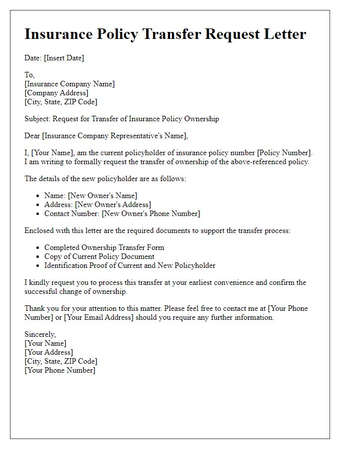 Letter template of insurance policy transfer request for ownership transfer