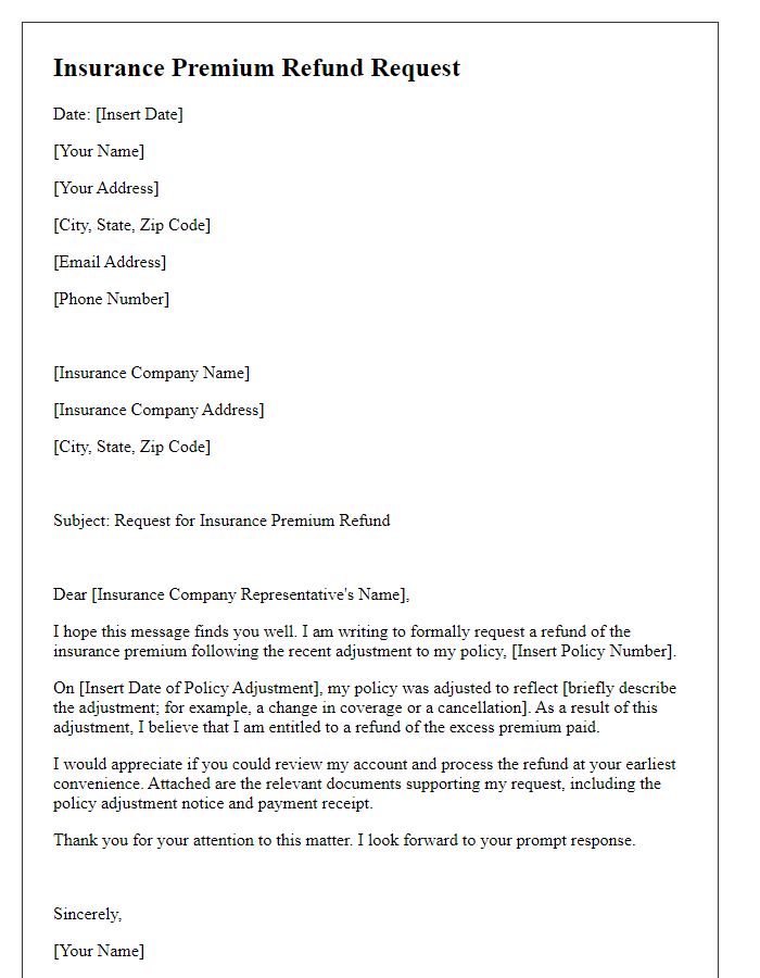 Letter template of insurance premium refund request after policy adjustment.