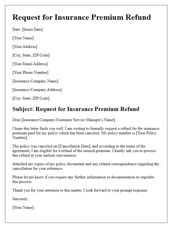 Letter template of insurance premium refund request due to policy cancellation.