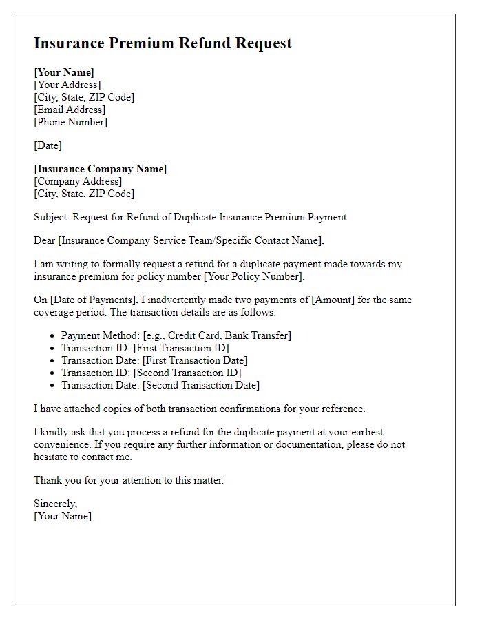 Letter template of insurance premium refund request for duplicate payment.