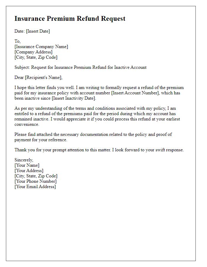 Letter template of insurance premium refund request for an inactive account.