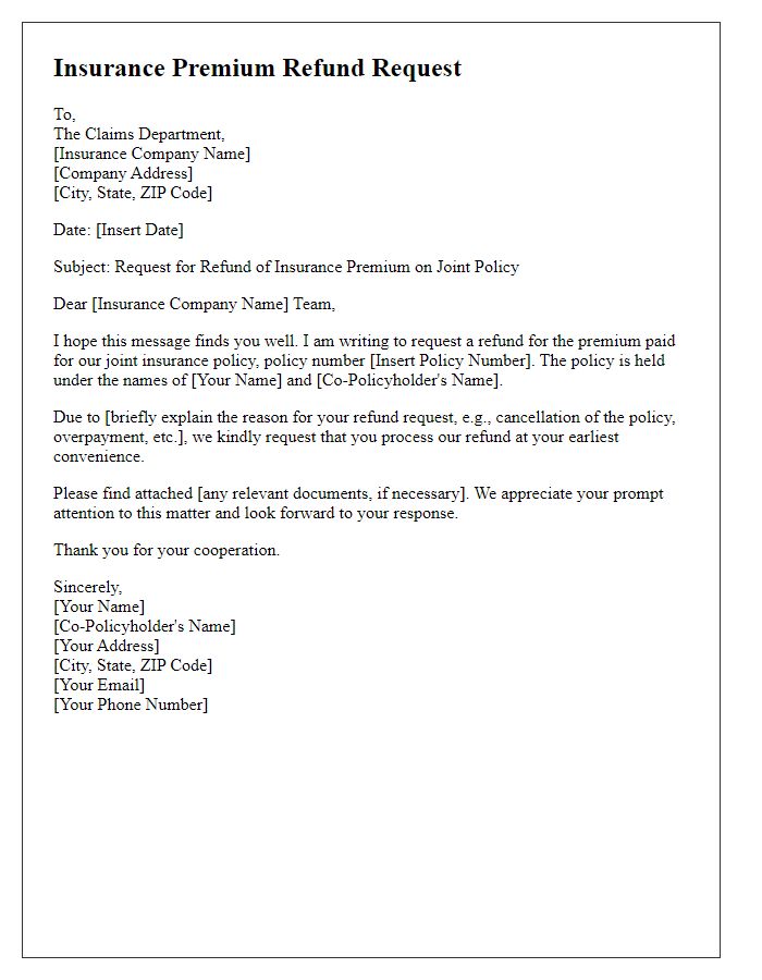 Letter template of insurance premium refund request on a joint policy.