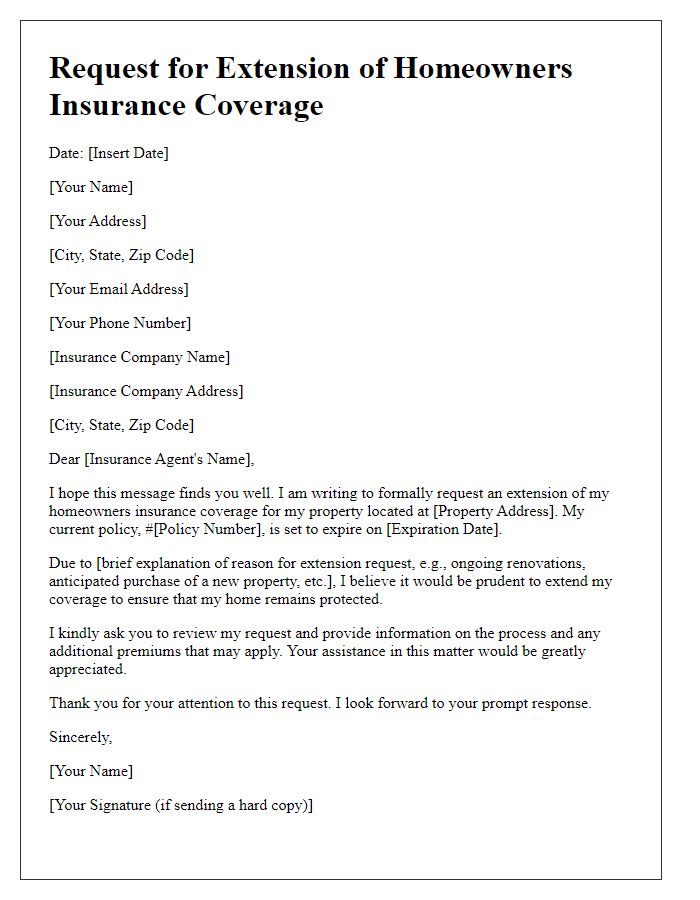 Letter template of homeowners insurance coverage extension request