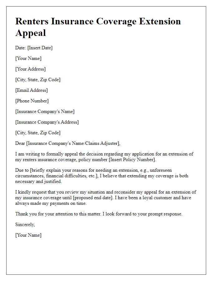 Letter template of renters insurance coverage extension appeal