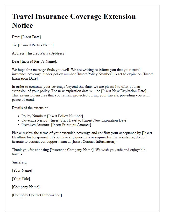 Letter template of travel insurance coverage extension notice