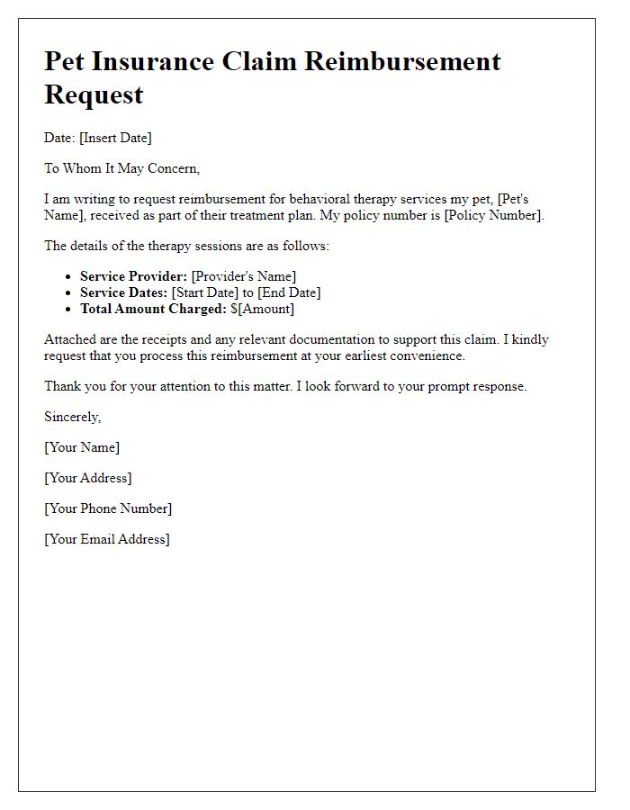 Letter template of pet insurance claim reimbursement for behavioral therapy.