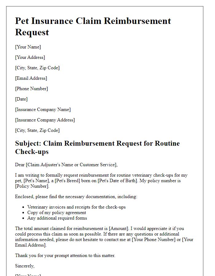 Letter template of pet insurance claim reimbursement for routine check-ups.