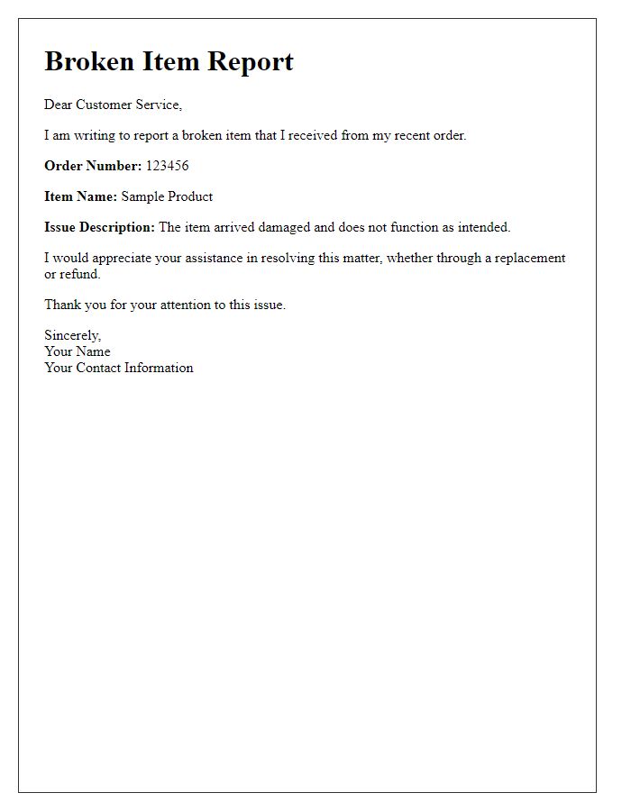 Letter template of broken item report to customer service